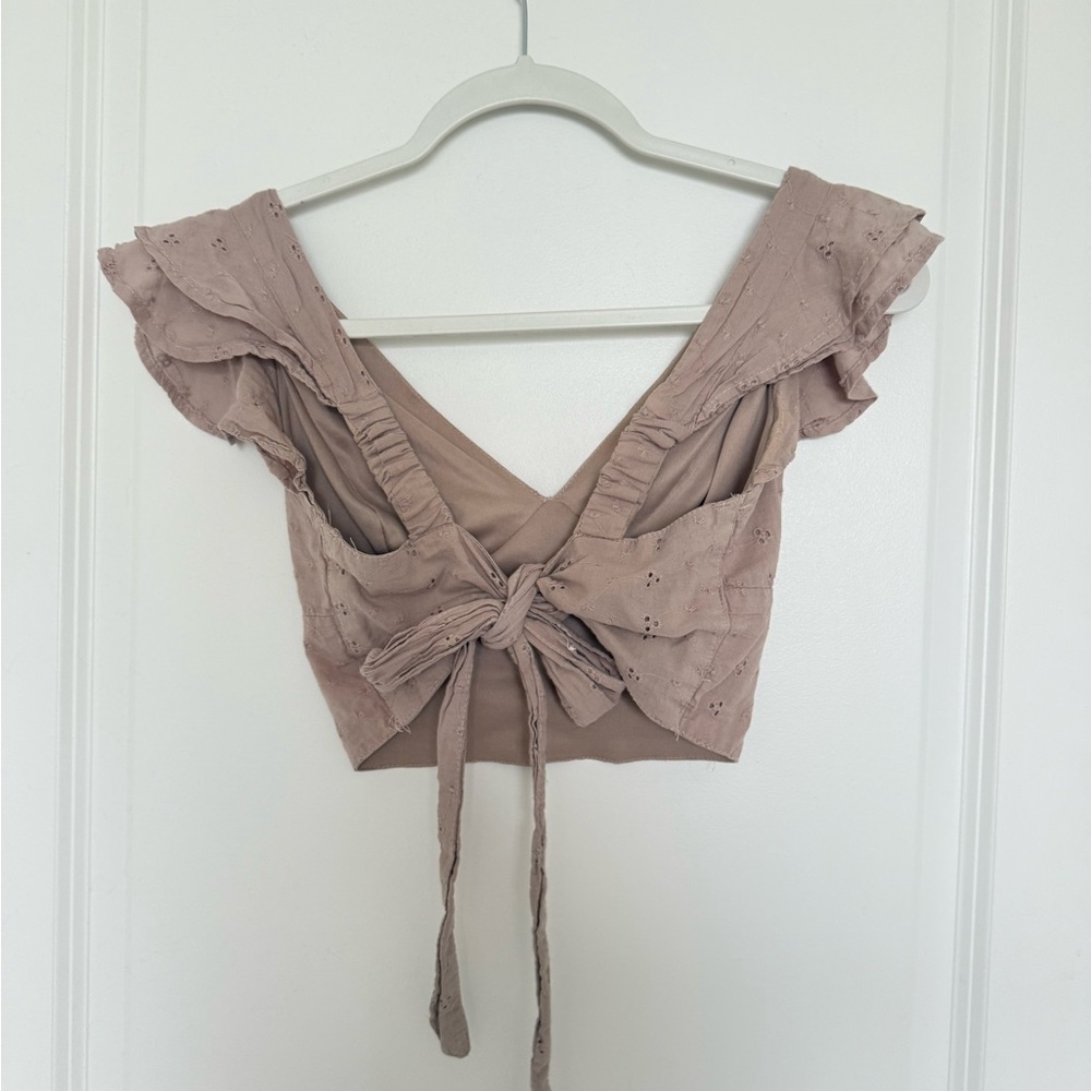 Eyelet Tie-Back Top with Ruffled Sleeves